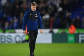 Eddie Howe, Manager of Newcastle United looks dejected after the Premier League match between Leicester City and Newcastle United at The King Power Stadium on December 12, 2021 in Leicester, England. (Photo by Gareth Copley/Getty Images)
