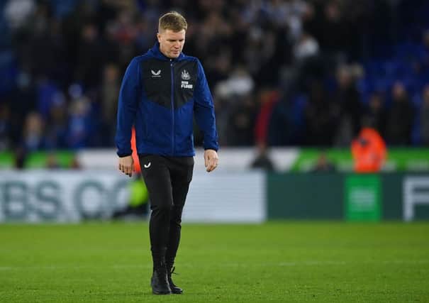 Eddie Howe, Manager of Newcastle United looks dejected after the Premier League match between Leicester City and Newcastle United at The King Power Stadium on December 12, 2021 in Leicester, England. (Photo by Gareth Copley/Getty Images)