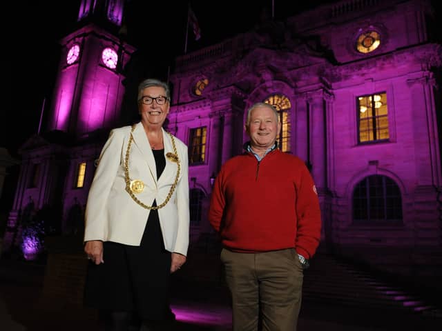Mayor of South Tyneside Cllr Pat Hay with John Gardner outside South Shields Town Hall, marking World Polio Day.