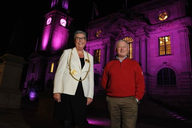 Mayor of South Tyneside Cllr Pat Hay with John Gardner outside South Shields Town Hall, marking World Polio Day.
