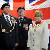 The Mayor Cllr Norman Dick and Mayoress Jean Williamson with Royal British Legion President Cllr Peter Boyack. NOTE: The picture was taken before the outbreak of Covid-19.