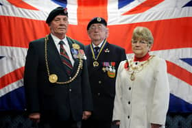 The Mayor Cllr Norman Dick and Mayoress Jean Williamson with Royal British Legion President Cllr Peter Boyack. NOTE: The picture was taken before the outbreak of Covid-19.
