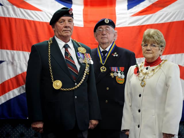 The Mayor Cllr Norman Dick and Mayoress Jean Williamson with Royal British Legion President Cllr Peter Boyack. NOTE: The picture was taken before the outbreak of Covid-19.
