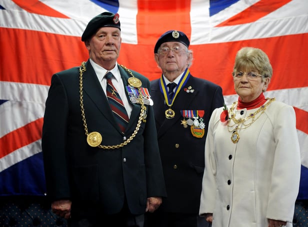 The Mayor Cllr Norman Dick and Mayoress Jean Williamson with Royal British Legion President Cllr Peter Boyack. NOTE: The picture was taken before the outbreak of Covid-19.