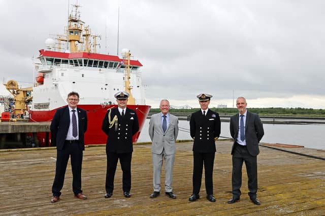 Pictured L-R: Stephen Lee (UK Docks), Commodore Phillip Waterhouse, Harry Wilson (UK Docks), Commanding Officer Captain Michael Wood MBE and Jonathan Wilson (UK Docks).

Today, Tuesday 13th July 2021, HMS Protector hosted local dignitaries whilst under pre-Antarctic maintenance.
The Ice Breaker was visited by Commodore Waterhouse the Naval regional Commander, Local MP Jacob Young, Tees Valley Mayor Ben Houchen, The Lord Lieutenant of North Yorkshire Mrs Jo Ropner, Members of Middlesbrough Council and police Force and Members of UK Docks.