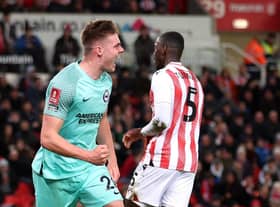 Evan Ferguson of Brighton & Hove Albion celebrates after scoring the team's first goal during the Emirates FA Cup Fifth Round match between Stoke City and Brighton and Hove Albion at Bet365 Stadium on February 28, 2023 in Stoke on Trent, England. (Photo by Nathan Stirk/Getty Images)