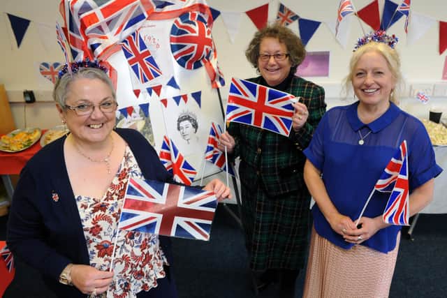 South Tyneside Council Cllr Ruth Berkley joins Bliss-Ability's Lynda Welsh and Carolyn Robinson to celebrate the Queen's Platinum Jubliee.