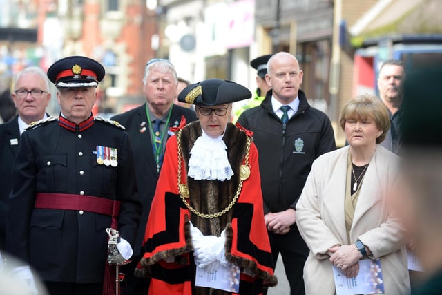 Colonel Lord Lieutenant Christopher Tearney, South Tyneside Mayor Pat Hay and South Tyneside Council Leader Cllr Tracey Dixon pay tribute for the Anzac Day service at the John Simpson Kirkpatrick memorial statue.
