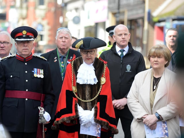 Colonel Lord Lieutenant Christopher Tearney, South Tyneside Mayor Pat Hay and South Tyneside Council Leader Cllr Tracey Dixon pay tribute for the Anzac Day service at the John Simpson Kirkpatrick memorial statue.