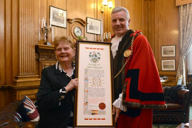 South Tyneside Council Mayor Cllr John McCabe presents artist Sheila Graber with the Freedom of the Borough of South Tyneside at South Shields Town Hall.