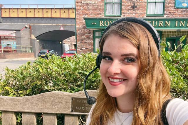 Katie outside Coronation Street's iconic Rover's Return pub