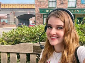 Katie outside Coronation Street's iconic Rover's Return pub