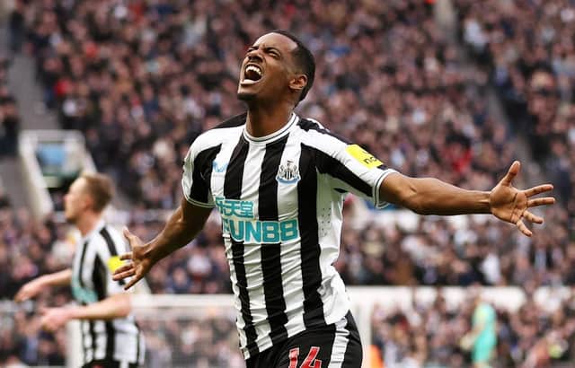 Alexander Isak of Newcastle United celebrates after scoring the team's first goal during the Premier League match between Newcastle United and Wolverhampton Wanderers at St. James Park on March 12, 2023 in Newcastle upon Tyne, England. (Photo by Naomi Baker/Getty Images)