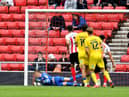 Anthony Patterson makes a late save at the Stadium of Light