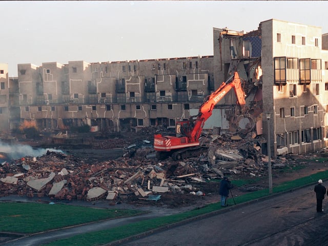 West Granton flats, known locally as the jigsaw flats, being demolished in 1995.