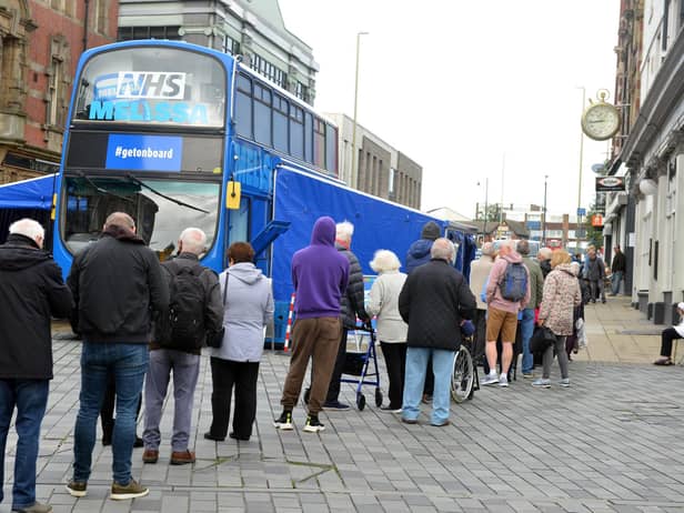 Long queues at the covid vaccine bus in King Street, South Shields, on a previous visit.