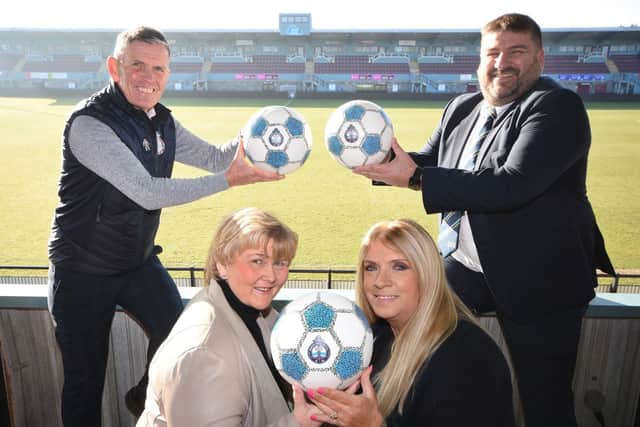 L-R Carl Mowatt, Operations Director of South Shields Football Club, Cllr Tracey Dixon, leader of South Tyneside Council, Mandy Morris, Principal of South Tyneside College and Simon Ashton, Principal of South Shields Marine School celebrate the launch of the 2023 Best Of South Tyneside Awards at South Shields Football Club.