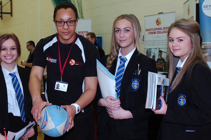 Hartlepool Sixth Form PE Teacher and Irish international rugby player Sophie Spence with St Hilds School pupils during a careers day held at the school. Can you spot someone you know in this 2013 photo?