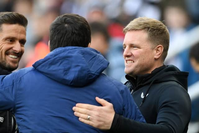 Newcastle United head coach Eddie Howe shakes hands with Rayo Vallecano head coach Andoni Iraola.