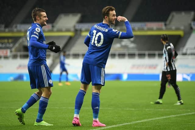 James Maddison celebrates after scoring against Newcastle United at St James's Park (Photo by MICHAEL REGAN/POOL/AFP via Getty Images)