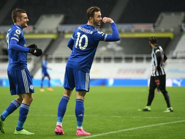 James Maddison celebrates after scoring against Newcastle United at St James's Park (Photo by MICHAEL REGAN/POOL/AFP via Getty Images)