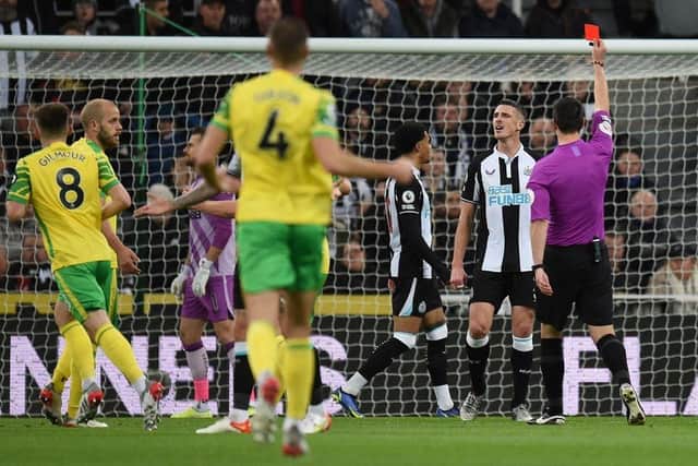 Ciaran Clark's dismissal against Norwich City unleashed Joelinton as a dominant midfielder (Photo by OLI SCARFF/AFP via Getty Images)