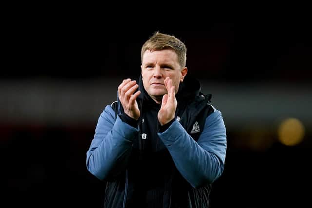 Newcastle United head coach Eddie Howe applauds the fans after the game.