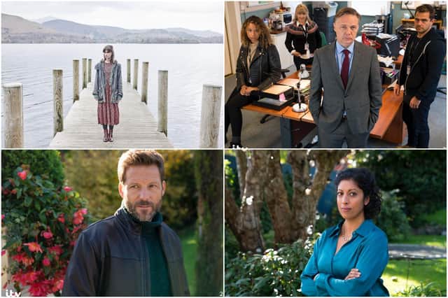 Clockwise from top left: Katherine Kelly as Sally Wright; Shaun Dooley as DCI Mike Braithwaite, Priyanga Burford as Karen and Jamie Bamber as Sam