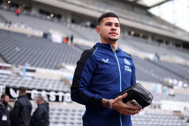 Newcastle United midfielder Bruno Guimaraes arrives at St James's Park for the Leeds United game.