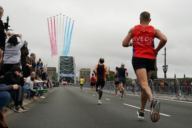 As one of the most iconic Great North Run views, the stretch of the race over the Tyne Bridge can get very busy but it is worth it for families to see their loved ones early in the race and for the chance to see the iconic Red Arrows flypast. (Photo by Ian Forsyth/Getty Images)