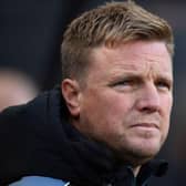 Newcastle United's English head coach Eddie Howe looks on ahead of kick-off in the English Premier League football match between Newcastle United and Manchester United at St James' Park in Newcastle-upon-Tyne, north east England on April 2, 2023. (Photo by Oli SCARFF / AFP)
