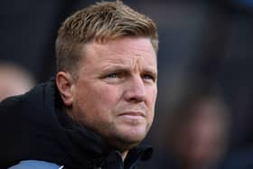 Newcastle United's English head coach Eddie Howe looks on ahead of kick-off in the English Premier League football match between Newcastle United and Manchester United at St James' Park in Newcastle-upon-Tyne, north east England on April 2, 2023. (Photo by Oli SCARFF / AFP)