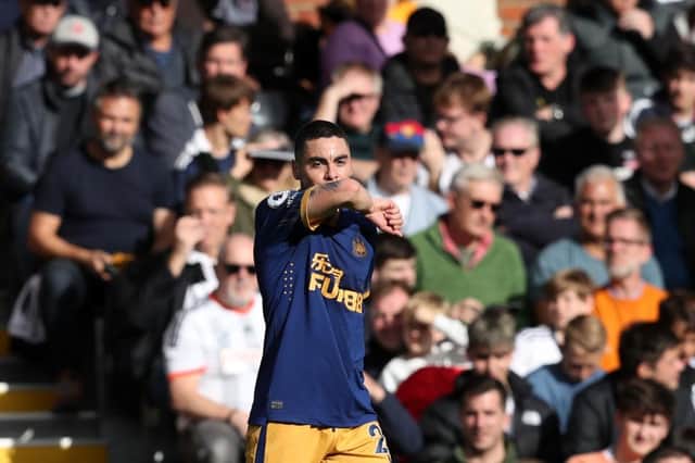 Miguel Almiron of Newcastle United celebrates after scoring their sides second goal during the Premier League match between Fulham FC and Newcastle United at Craven Cottage on October 01, 2022 in London, England. (Photo by Henry Browne/Getty Images)