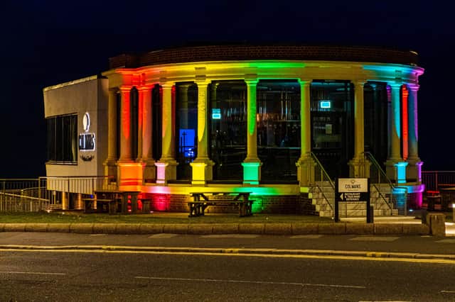 Colmans Seafood Temple lit in rainbow colours. Photos by Steven Lomas