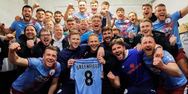 Gateshead FC after being confirmed as National League North Champions following a 2-2 draw at Chorley in their penultimate match (photo: Gateshead FC/Jack McGraghan).