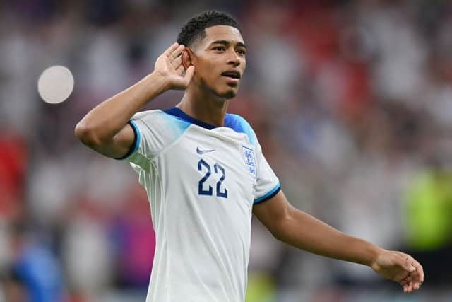 Jude Bellingham of England celebrates after the team's victory during the FIFA World Cup Qatar 2022 Round of 16 match between England and Senegal at Al Bayt Stadium on December 04, 2022 in Al Khor, Qatar. (Photo by Dan Mullan/Getty Images)