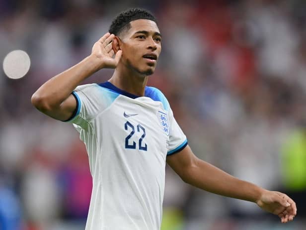 Jude Bellingham of England celebrates after the team's victory during the FIFA World Cup Qatar 2022 Round of 16 match between England and Senegal at Al Bayt Stadium on December 04, 2022 in Al Khor, Qatar. (Photo by Dan Mullan/Getty Images)