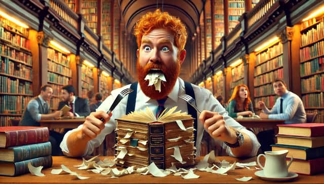 He devours books like there's no tomorrow! Image created by AI tool Dall-e