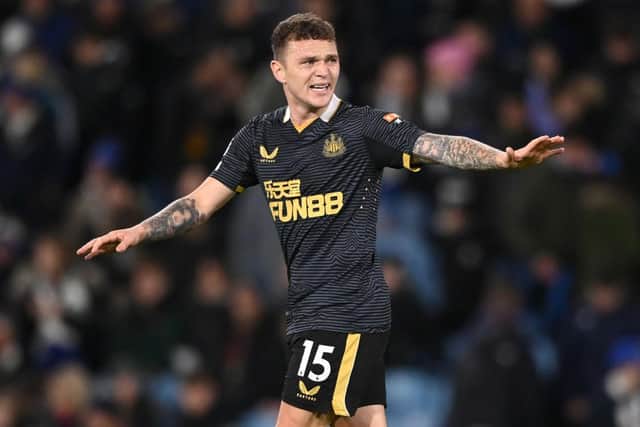 Kieran Trippier of Newcastle reacts during the Premier League match between Leeds United  and  Newcastle United at Elland Road on January 22, 2022 in Leeds, England. (Photo by Stu Forster/Getty Images)