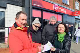 Colin Campbell (L) has launched a petition campaign to help save the closure of Virgin Money Bank at the Nook, with supporters Stella Campbell, Lol Campbell and Doris Osmane (R)