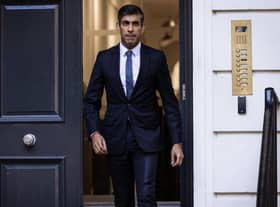 LONDON, ENGLAND - OCTOBER 24: New Conservative Party leader and incoming prime minister Rishi Sunak leaves the Conservative Party Headquarters after having been announced as the winner of the Conservative Party leadership contest on October 24, 2022 in London, England. Rishi Sunak was appointed as Conservative leader and the UK's next Prime Minister after he was the only candidate to garner 100-plus votes from Conservative MPs in the contest for the top job. (Photo by Dan Kitwood/Getty Images)