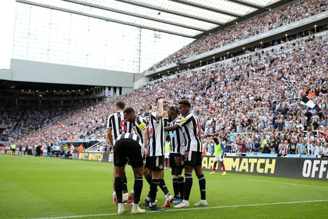Callum Wilson of Newcastle United celebrates his goal with team mates during the Premier League match between Newcastle United and Nottingham Forest at St. James Park on August 06, 2022 in Newcastle upon Tyne, England. (Photo by Jan Kruger/Getty Images)