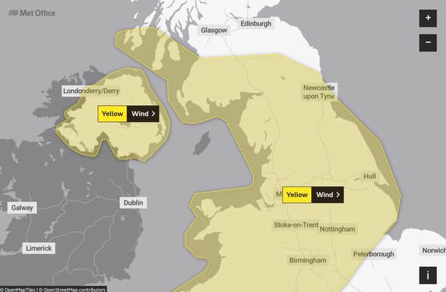 A graphic from the Met Office shows the area covered by its yellow weather warning for wind this weekend.