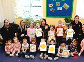 Staff and children at Boldon Community Centre Sunshine Playgroup celebrate their good Ofsted report.