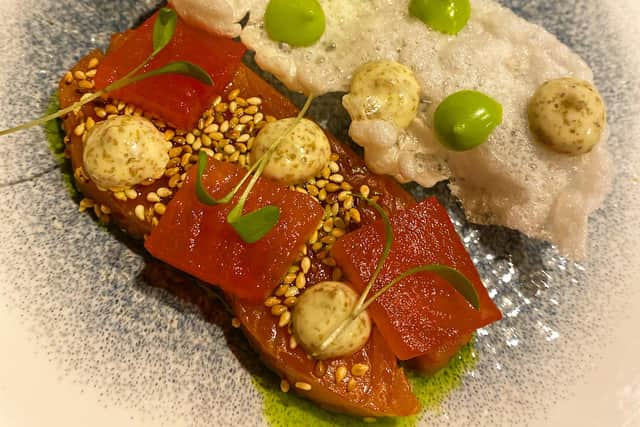 Course 3: a citrus cured Chalk Stream trout with pickled watermelon, toasted sesame and tapioca crisp