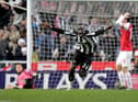 Newcastle United's Ivorian midfielder Cheik Tiote celebrates scoring their equalising goal during the English Premier League football match between Newcastle United and Arsenal at St James' Park, Newcastle-Upon-Tyne, north-east England on February 5, 2011. (Photo: GRAHAM STUART/AFP via Getty Images)