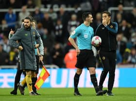 Julen Lopetegui, Manager of Wolverhampton Wanderers, talks to match referee Andy Madley following the Premier League match between Newcastle United and Wolverhampton Wanderers at St. James Park on March 12, 2023 in Newcastle upon Tyne, England. (Photo by Michael Regan/Getty Images)