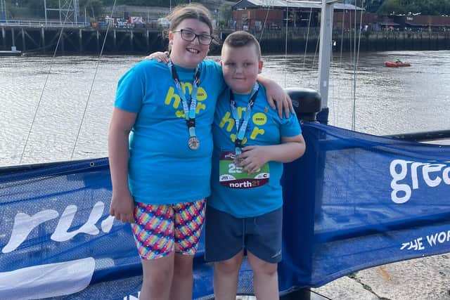 Chloe and Nathan pictured after completing the Junior Great North Run.