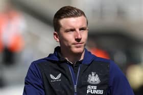 Matt Targett of Newcastle United arrives at the stadium prior to the Premier League match between Newcastle United and Liverpool at St. James Park on April 30, 2022 in Newcastle upon Tyne, England. (Photo by Ian MacNicol/Getty Images)