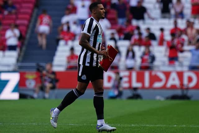 Jamaal Lascelles of Newcastle United FC before the start of the Eusebio Cup match between SL Benfica and Newcastle United at Estadio da Luz on July 26, 2022 in Lisbon, Portugal.  (Photo by Gualter Fatia/Getty Images)